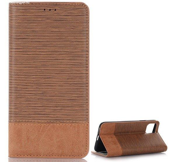 Tok álló, bőr hatású (FLIP, oldalra nyíló, asztali tartó funkció,
textil hatás) VILÁGOSBARNA Apple iPhone 11 Pro Max