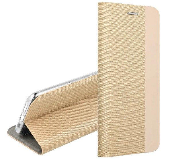 Tok álló, bőr hatású (FLIP, oldalra nyíló, asztali tartó funkció,
textil minta) ARANY Samsung Galaxy A02s (SM-A025F)