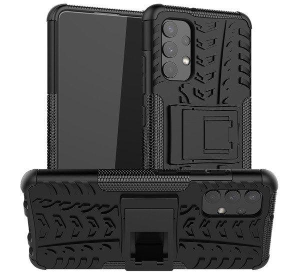 Defender műanyag telefonvédő (közepesen ütésálló, szilikon belső,
kitámasztó, autógumi minta) FEKETE Samsung Galaxy A32 4G (SM-A325)