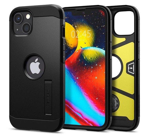 SPIGEN TOUGH ARMOR műanyag telefonvédő (szilikon keret, közepesen
ütésálló, kitámasztó, logó kivágás) FEKETE Apple iPhone 13