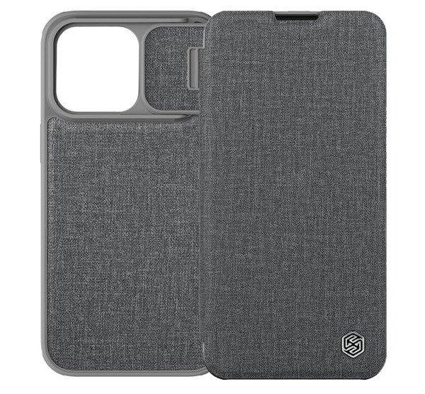 NILLKIN QIN PRO tok álló, szövet hatású (FLIP, oldalra nyíló, bankkártya
tartó, kamera védelem) SZÜRKE Apple iPhone 14 Plus