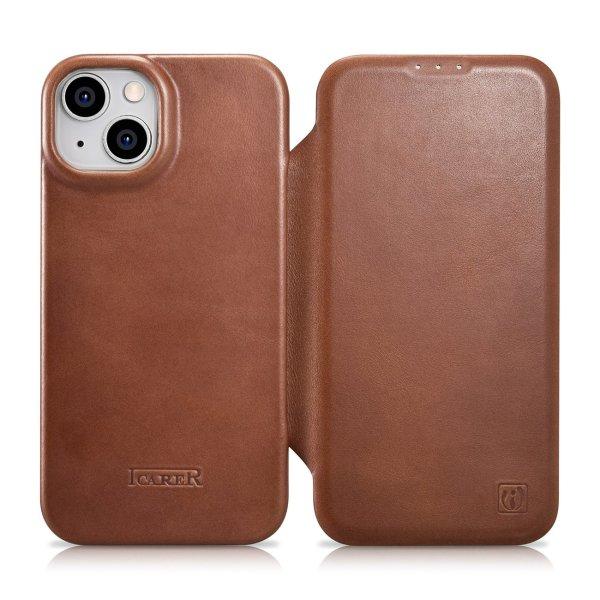 iCarer CE olajviasz prémium bőr fóliatok bőr tok iPhone 14 Plus mágneses
flip MagSafe barna (AKI14220707-BN)