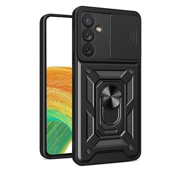 Defender műanyag telefonvédő (közepesen ütésálló, szilikon belső,
telefontartó gyűrű, kamera védelem) FEKETE Samsung Galaxy A34 5G (SM-A346)
