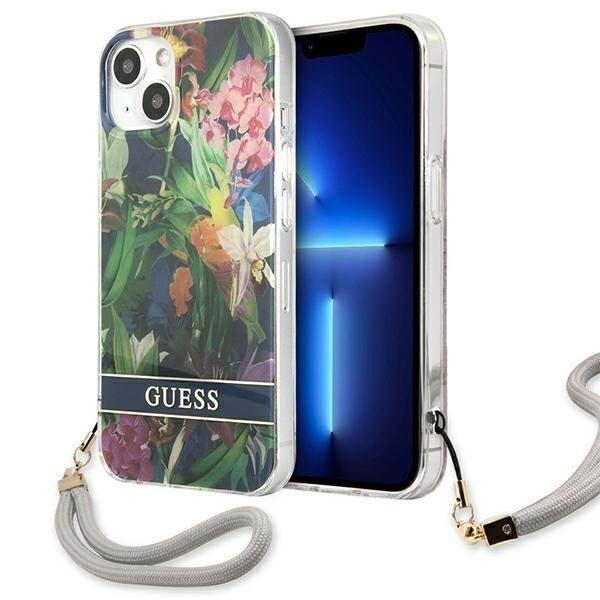 Guess GUHCP13MHFLSB iPhone 13 6.1" kék keménytok virágos tok pánttal
