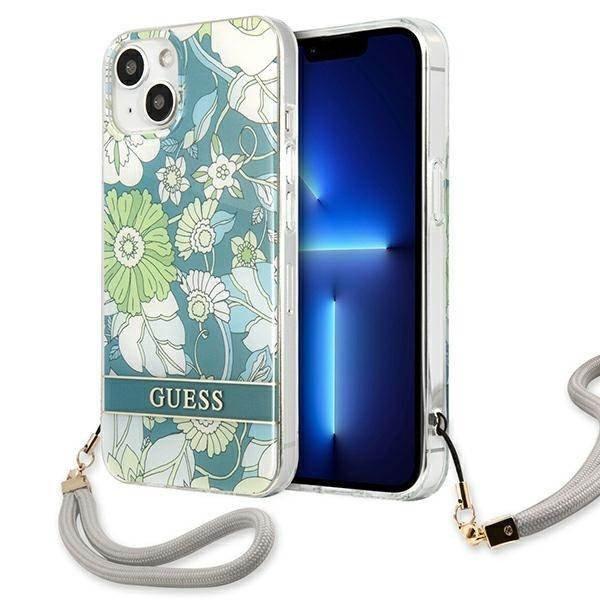 Guess GUHCP13MHFLSN iPhone 13 6.1" zöld keménytok virágos tok pánttal
