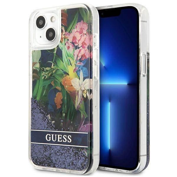 Guess GUHCP13MLFLSB iPhone 13 6.1" kék keménytok Flower Liquid Glitter