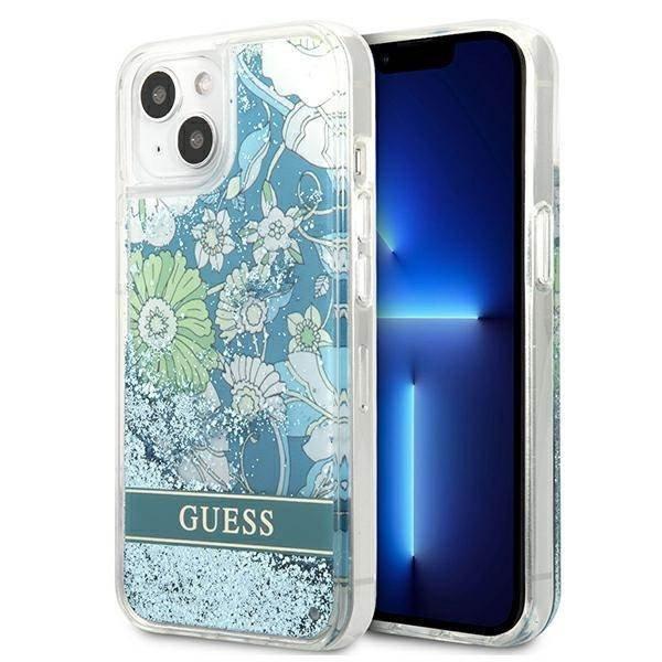 Guess GUHCP13MLFLSN iPhone 13 6.1" zöld keménytok Flower Liquid Glitter