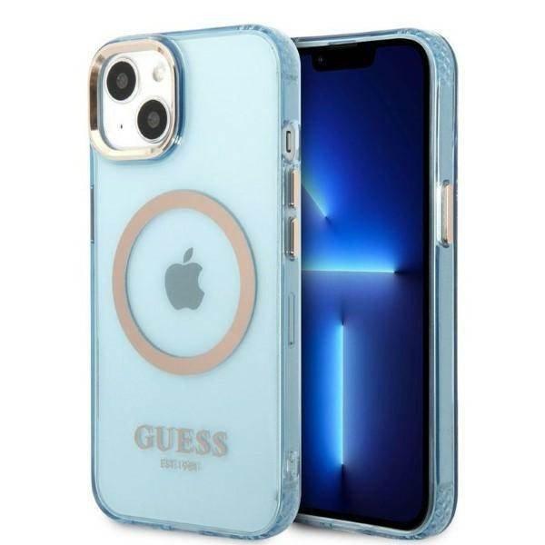 Guess GUHMP13MHTCMB iPhone 13 6.1" kék keménytok arany kontúrú,
áttetsző MagSafe áttetsző