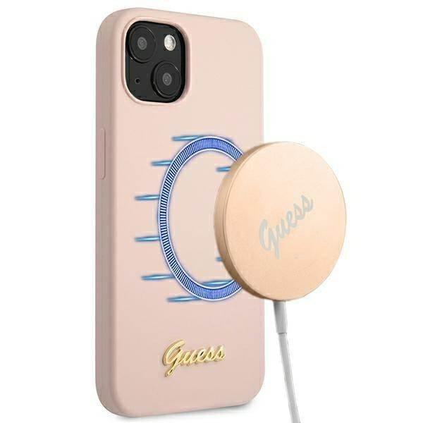 Guess GUHMP13MLSLMGLP iPhone 13 6.1" világos rózsaszín keménytok
Szilikon Script arany logó Magsafe