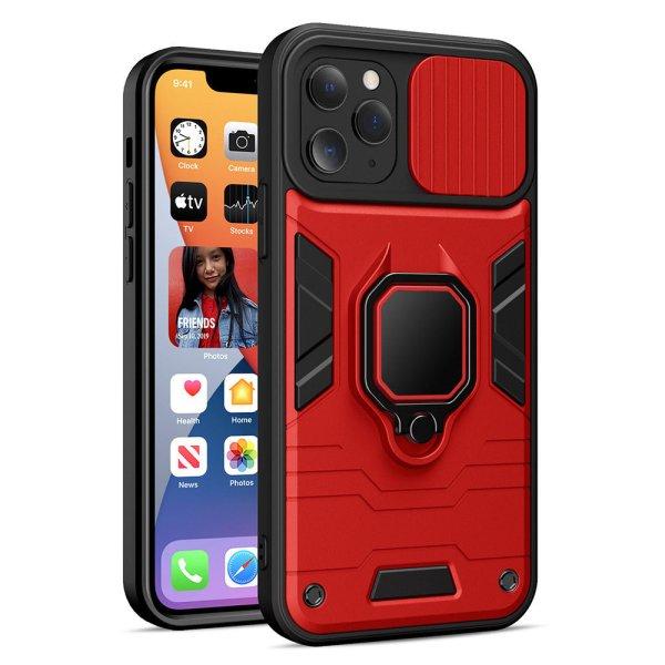 iPhone 14 Plus (6,7") ütésálló hátlap tok, PC / TPU tok, kamera
védővel, piros-fekete, kitámaszható, Ring Lens
