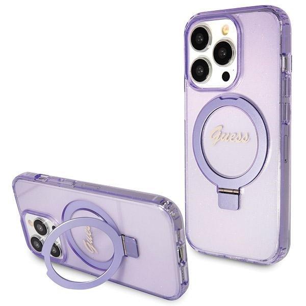Guess GUHMP13LHRSGSU iPhone 13 Pro / 13 6.1" lila kemény tok Ring Stand
Script Glitter MagSafe