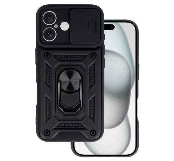Defender műanyag telefonvédő (ütésállóság, szilikon belső,
tartógyűrű, kameravédő) FEKETE Apple iPhone 16 Plus