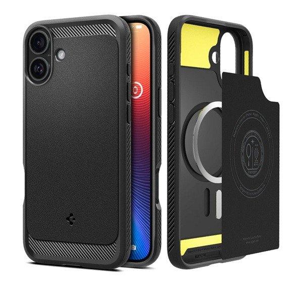 SPIGEN RUGGED ARMOR szilikon telefonvédő (ütésállóság, légpárnás
sarok, karbon minta, MagSafe) FEKETE Apple iPhone 16 Plus