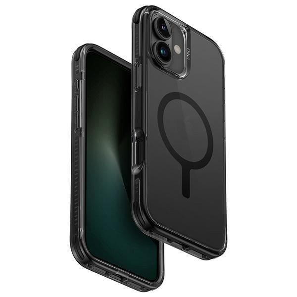 Uniq Combat Magclick Charging tok iPhone 16 Plus - átlátszó fekete
szegéllyel