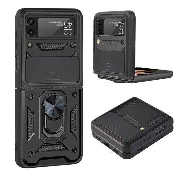 Defender műanyag telefonvédő (közepesen ütésálló, szilikon belső,
telefontartó gyűrű, kamera védelem) FEKETE Samsung Galaxy Z Flip3 5G
(SM-F711)
