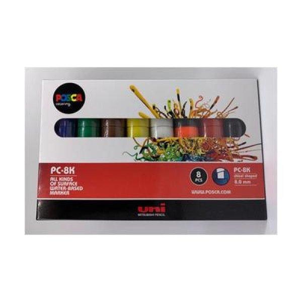 Dekormarker, 8 mm, vágott, UNI "Posca PC-8K", 8 különböző szín