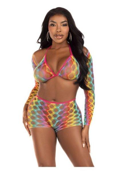 Leg Avenue Rainbow Net Top, Boyshorts and Shrug