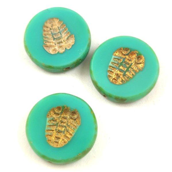 Cseh table cut gyöngy - hosszában fúrt - Trilobita - 63130-86800-54302 -
Turquoise Green Picasso Gold - 17mm (6db)