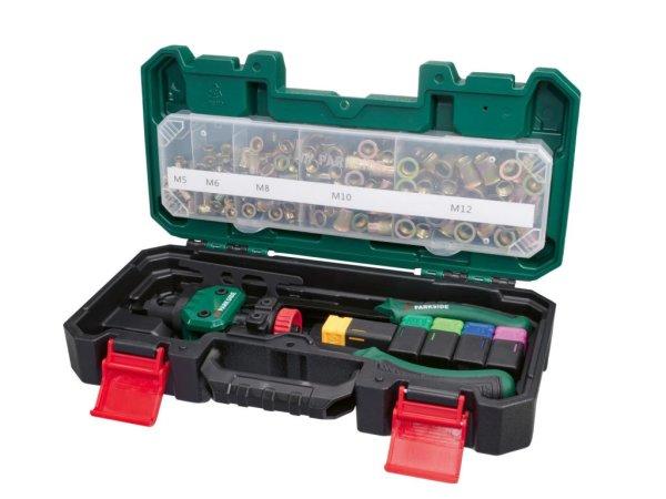 ParkSide Rivet Nut Tool 151 részes karos (kétkaros) szegecsanyahúzó,
szegecselő fogó készlet kofferben, M5, M6, M8, M10, M12