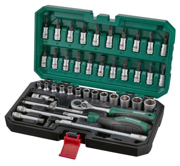 ParkSide PSSS 46 A1 46 részes 1/4" racsnis dugókulcs (krova), imbuszkulcs
és bitfej készlet kofferben