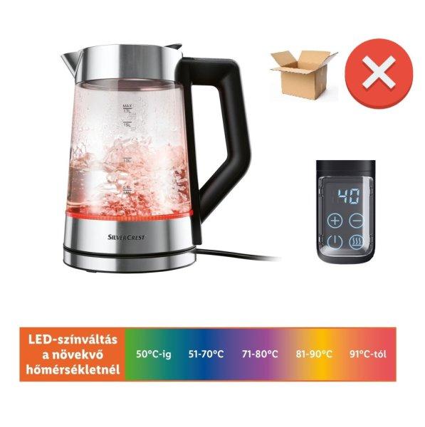 HIBÁS, használt, működésképtelen SilverCrest SWGD 3000 A2 digitális,
szabályozható hőfokú 3000W 1.7L inox - fekete üveg vízforraló, hőre
színváltó LED világítással, melegentartás funkcióval (alkatrésznek)