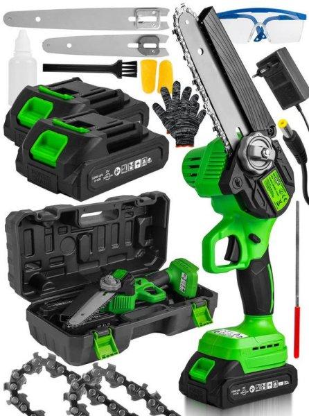 1000W akkus mini láncfűrész 6" és 8" vezetőlap, 2 akku,
automatikus láncolajozás