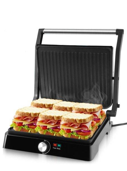 Elektromos grill és melegszendvics sütő, tapadásmentes, 2200W, 180°-ban
nyitható