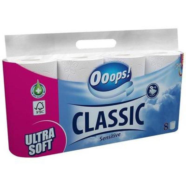 Toalettpapír, 3 rétegű, kistekercses, 8 tekercs, OOOPS "Classic",
sensitive