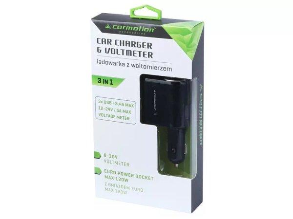 Autós szivargyújtó adapter 3xUSB 5A feszültségmérővel
