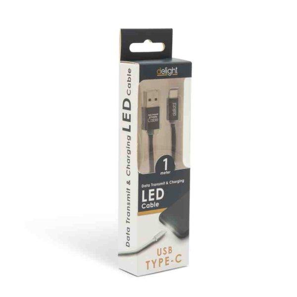 Delight 55442C-BK USB Type-C Adat- és Töltőkábel, 1 m, Fekete, LED Fénnyel
