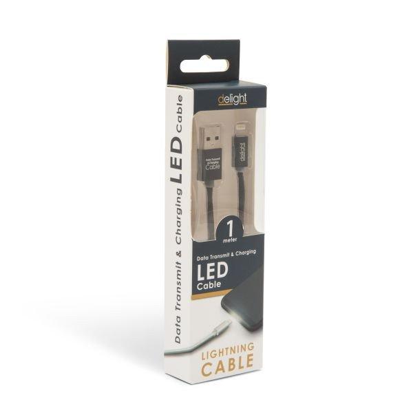 Delight iPhone Lightning adatkábel LED fénnyel 1m, fekete – 55442I-BK