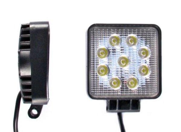 Szögletes 9 LED-es Munkalámpa, 27W, 10-30V, Spot Fény