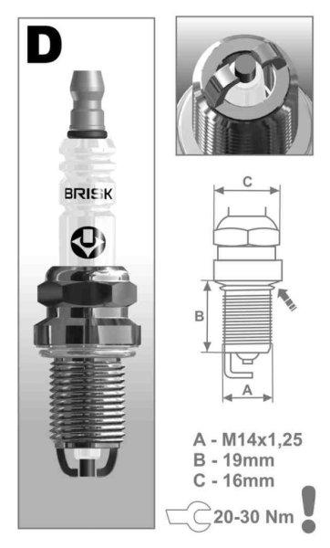 BRISK DR17LDC gyújtógyertya – M14 x 1,25 – menethossz: 19 mm –
kulcsnyílás: 16 mm (kompatibilitás: lásd a leírásban!)