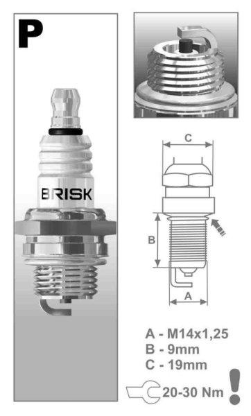 Brisk P17 gyújtógyertya – M14 x 1,25 – menethossz: 9,5 mm –
kulcsnyílás: 19 mm (kompatibilitás: lásd a leírásban!)