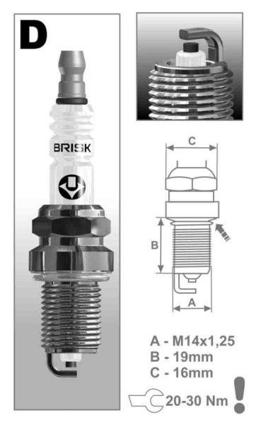 BRISK D17YC gyújtógyertya – M14 x 1,25 – menethossz 19 mm –
kulcsnyílás 16 mm (kompatibilitás: lásd a leírásban!)