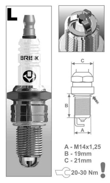 Brisk LR15TC-1 gyújtógyertya – M14 x 1,25 – menethossz: 19 mm –
kulcsnyílás: 21 mm (kompatibilitás: lásd a leírásban!)