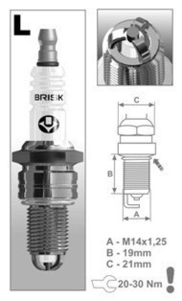 Brisk LX15LTC-1 gyújtógyertya – M14 x 1,25 – Menethossz: 19 mm – Kulcs:
21 mm (kompatibilitás: lásd a leírásban!)