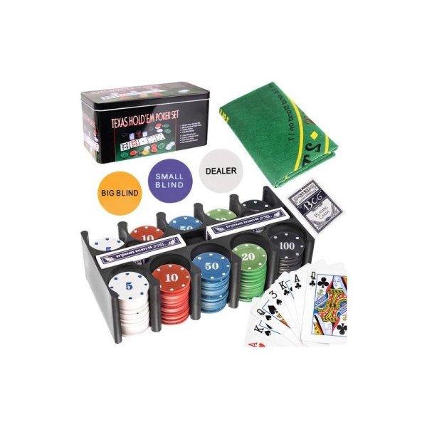 Texas Hold'Em póker szett, fémdobozban, 200 zsetonnal, 2 pakli
kártyával, asztali játékszőnyeggel