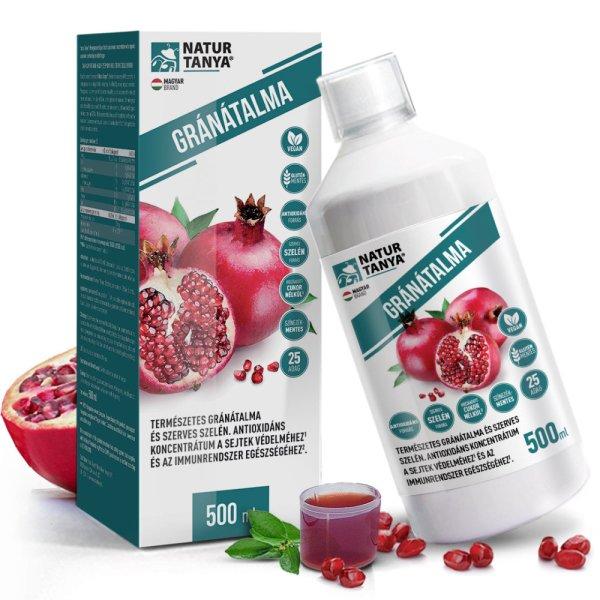 Natur Tanya® 100% gránátalma koncentrátum - antioxidáns ital gránátalma
gyümölcs, héj és mag préseléséből, organikus szelénnel. Sejtvédelem
és immunrendszer egészség. 500 ml