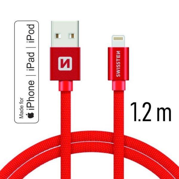 Adatkábel Swissten textil MFI tanúsítvánnyal, Lightning konnektorral és
gyorstöltés támogatással 1,2 m, piros