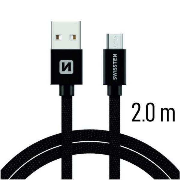 Adatkábel Swissten textilMicro-USB konnektorral és gyorstöltés
támogatással 2 m, fekete