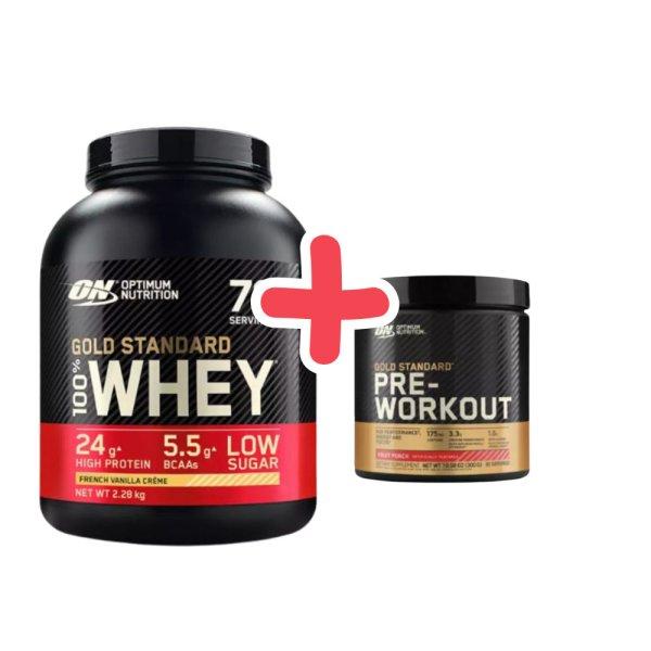 Optimum Nutrition Gold Standard 100% Whey 2270g (5lb) French Vanilla Créme+
ajándék ON Pre-Workout Fruit Punch 330g