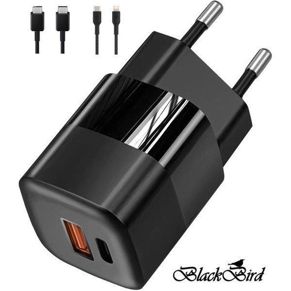 BLACKBIRD Hálózati Adapter ZCD-015B-AC GAN 33W + USB/Type-C kábel 1m +
Type-C/Lightning 1m, Fekete