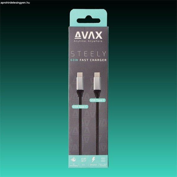 AVAX Töltőkábel, USB-C - USB-C, 60W, 3A, 1,5 méter, acélszürke