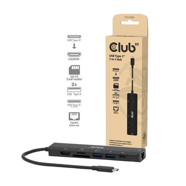 Club 3D USB Hub - CSV-2553 (USB-C to USB-C, 2xUSB-A, HDMI, RJ45, SD/MicroSD,
100W PD, 4K60hz)
