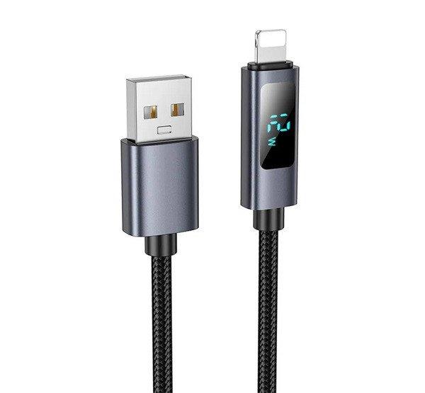 HOCO X112 adatkábel (USB - lightning, 2.4A, gyorstöltő, 100cm, LED kijelző,
cipőfűző) FEKETE
