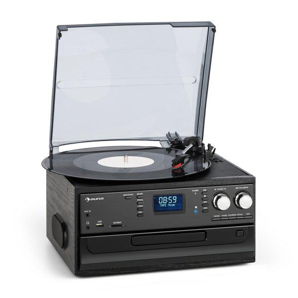 Auna Oakland DAB, retro sztereó rendszer, DAB+/FM, BT funkció, bakelit, CD,
kazettás magnó