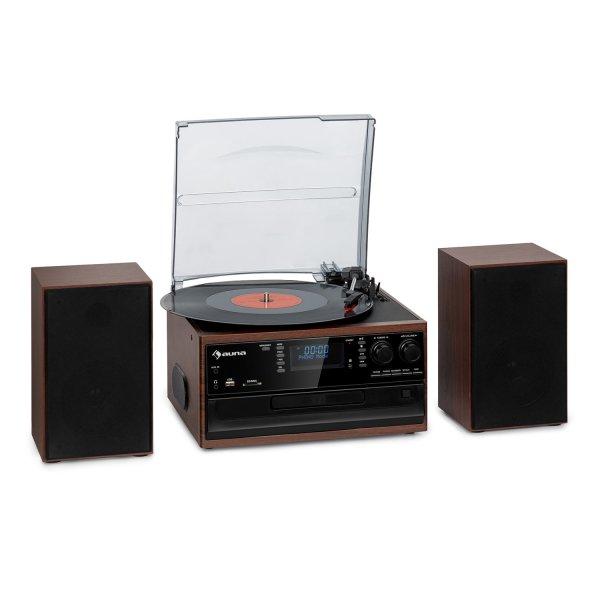 Auna Oakland DAB Plus, retro sztereó rendszer, DAB+/FM, BT funkció, bakelit,
CD-lejátszó, kazettalejátszó. mellékelve hangszórók