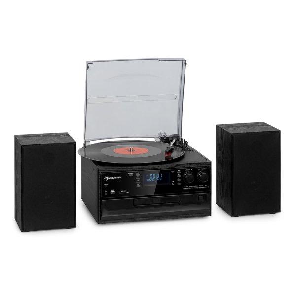 Auna Oakland DAB Plus, retro sztereó rendszer, DAB+/FM, BT funkció, bakelit,
CD-lejátszó, kazettalejátszó. mellékelve hangszórók