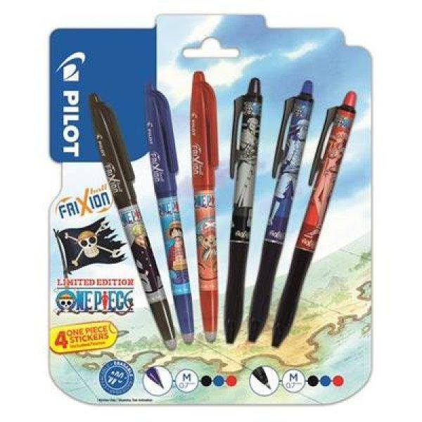 Rollertoll készlet, 0,35 mm, nyomógombos, PILOT "Frixion
Ball"/"Frixion Ball Plus", 3különböző szín+One Piece matrica